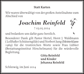 Traueranzeige von Joachim Reinfeld von Schleswiger Nachrichten