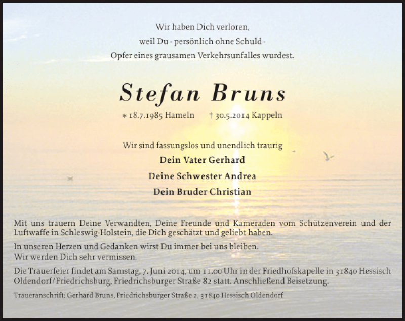  Traueranzeige für Stefan Bruns vom 05.06.2014 aus Schlei-Bote