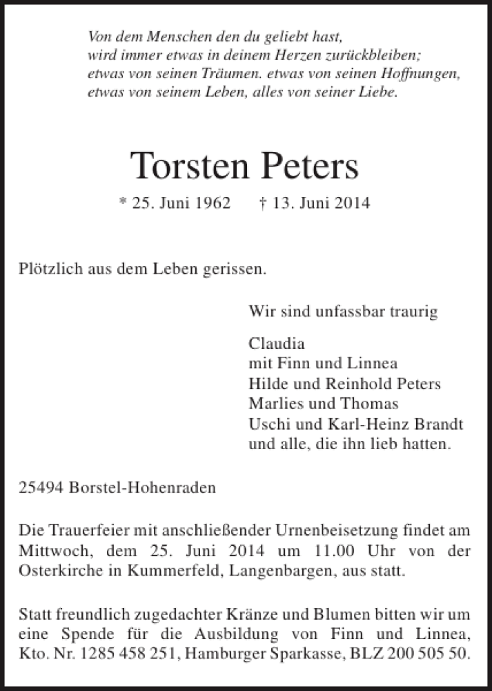  Traueranzeige für Torsten Peters vom 21.06.2014 aus Pinneberger Tageblatt