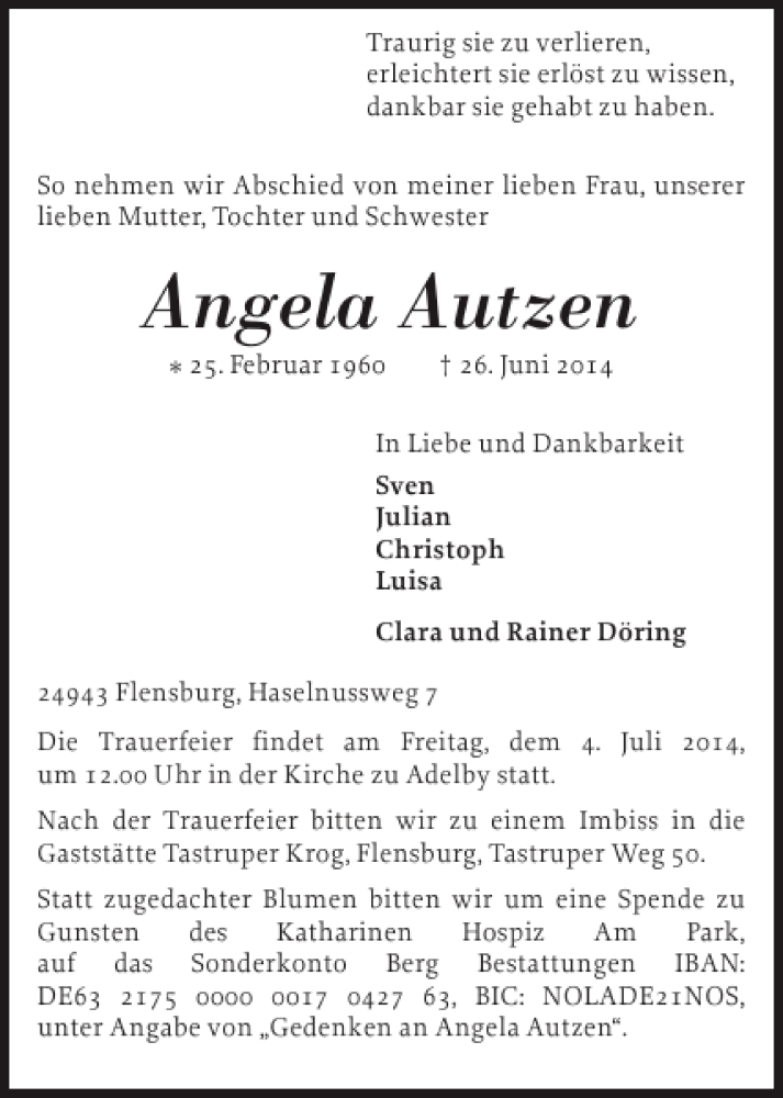  Traueranzeige für Angela Autzen vom 02.07.2014 aus Flensburger Tageblatt