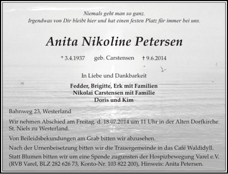  Traueranzeige für Anita Nikoline Petersen vom 12.07.2014 aus Sylter Rundschau