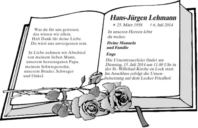  Traueranzeige für Hans-Jürgen Lehmann vom 11.07.2014 aus Nordfriesland Tageblatt