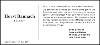 Traueranzeige von Horst Bannach von Holsteinischer Courier