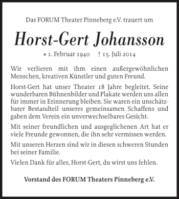 Traueranzeige von Horst-Gert Johansson von Pinneberger Tageblatt