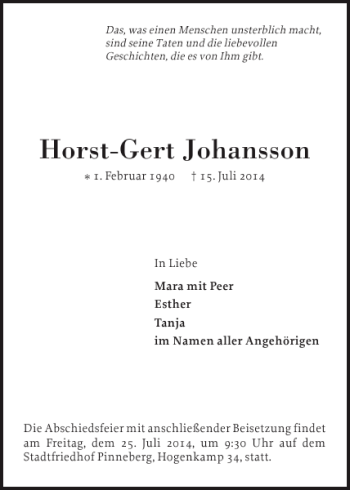 Traueranzeige von Horst-Gert Johansson von Pinneberger Tageblatt