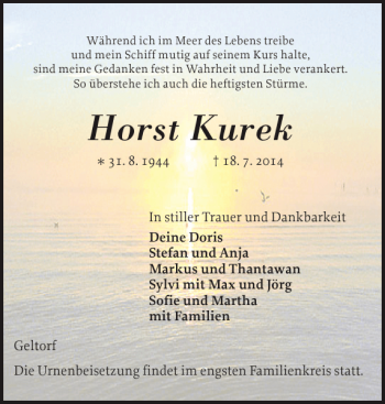 Traueranzeige von Horst Kurek von Schleswiger Nachrichten
