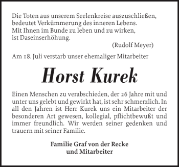 Traueranzeige von Horst Kurek von Schleswiger Nachrichten