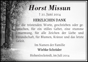 Traueranzeige von Horst Missun von Norddeutsche Rundschau