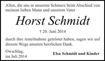 Traueranzeige von Horst Schmidt von Landeszeitung