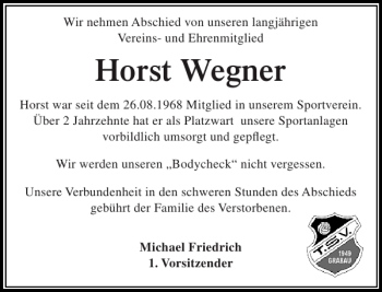 Traueranzeige von Horst Wegner von Stormarner Tageblatt