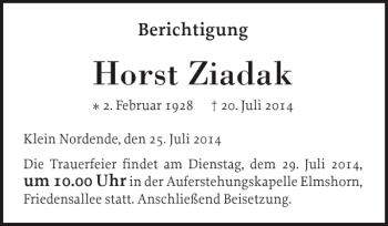 Traueranzeige von Horst Ziadak von Elmshorner Nachrichten