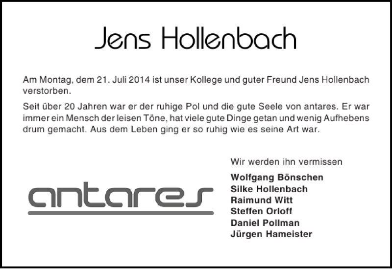  Traueranzeige für Jens Hollenbach vom 26.07.2014 aus Holsteinischer Courier