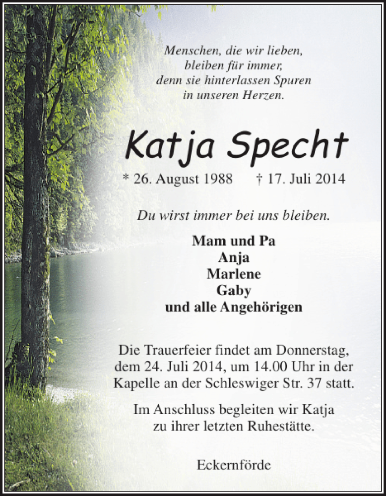  Traueranzeige für Katja Specht vom 22.07.2014 aus Eckernförder Zeitung