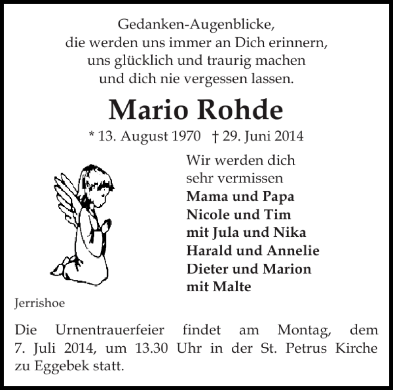  Traueranzeige für Mario Rohde vom 02.07.2014 aus Flensburger Tageblatt