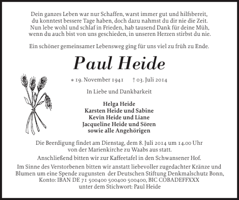  Traueranzeige für Paul Heide vom 05.07.2014 aus Eckernförder Zeitung