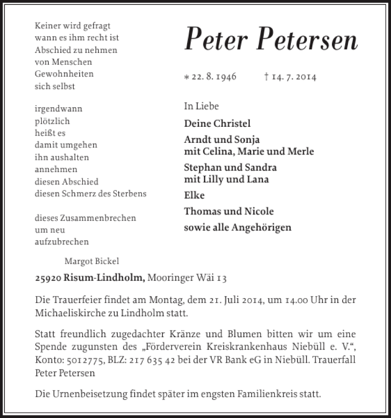  Traueranzeige für Peter Petersen vom 17.07.2014 aus Nordfriesland Tageblatt