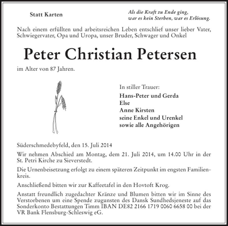  Traueranzeige für Peter Christian Petersen vom 17.07.2014 aus Flensburger Tageblatt