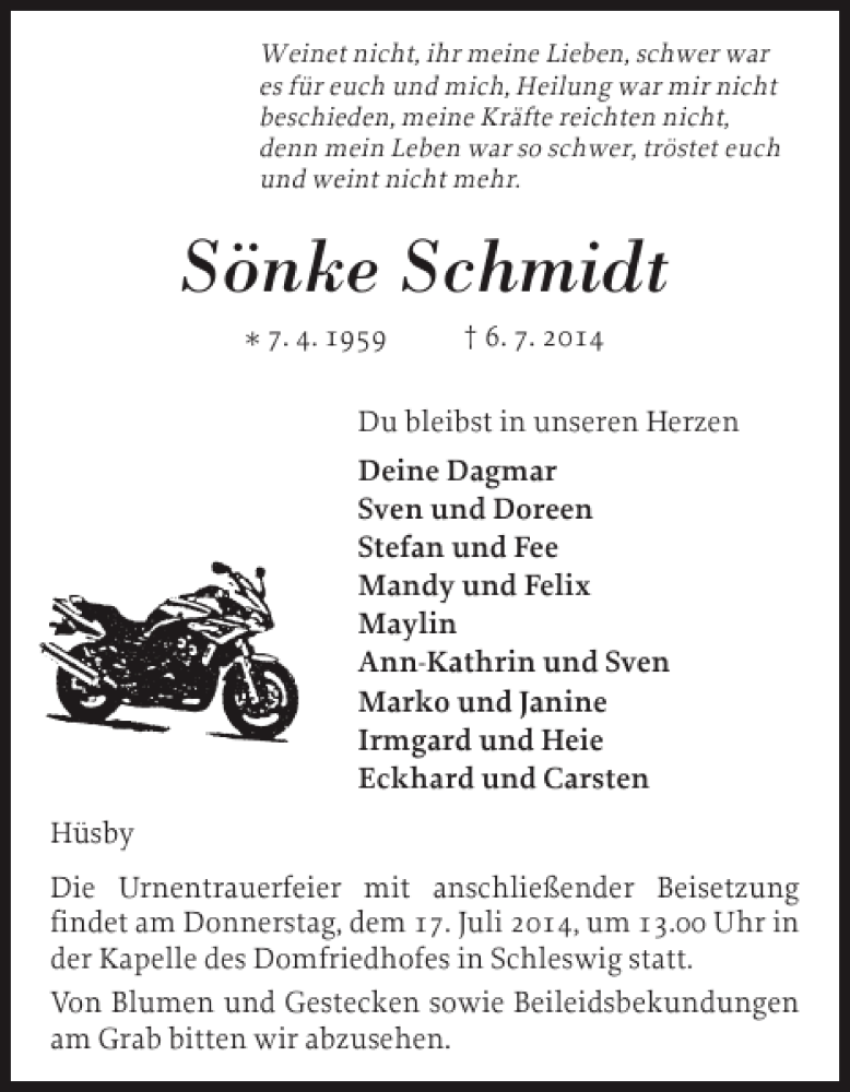  Traueranzeige für Sönke Schmidt vom 12.07.2014 aus Flensburger Tageblatt