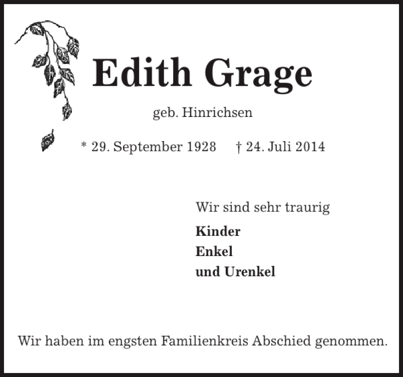  Traueranzeige für Edith Grage vom 05.08.2014 aus Ostholsteiner Anzeiger