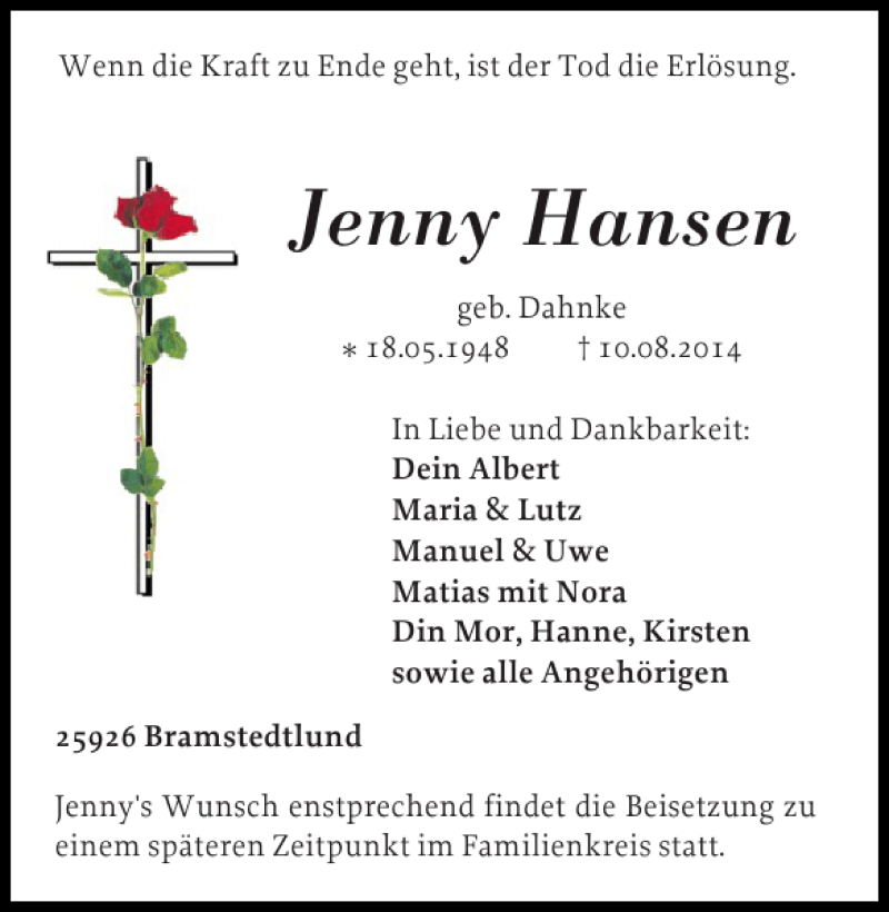  Traueranzeige für Jenny Hansen vom 13.08.2014 aus Nordfriesland Tageblatt