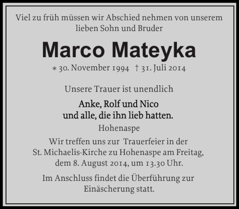  Traueranzeige für Marco Mateyka vom 05.08.2014 aus Norddeutsche Rundschau