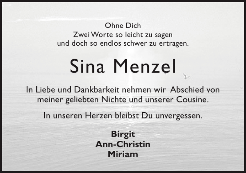  Traueranzeige für Sina Menzel vom 16.08.2014 aus Schleswiger Nachrichten