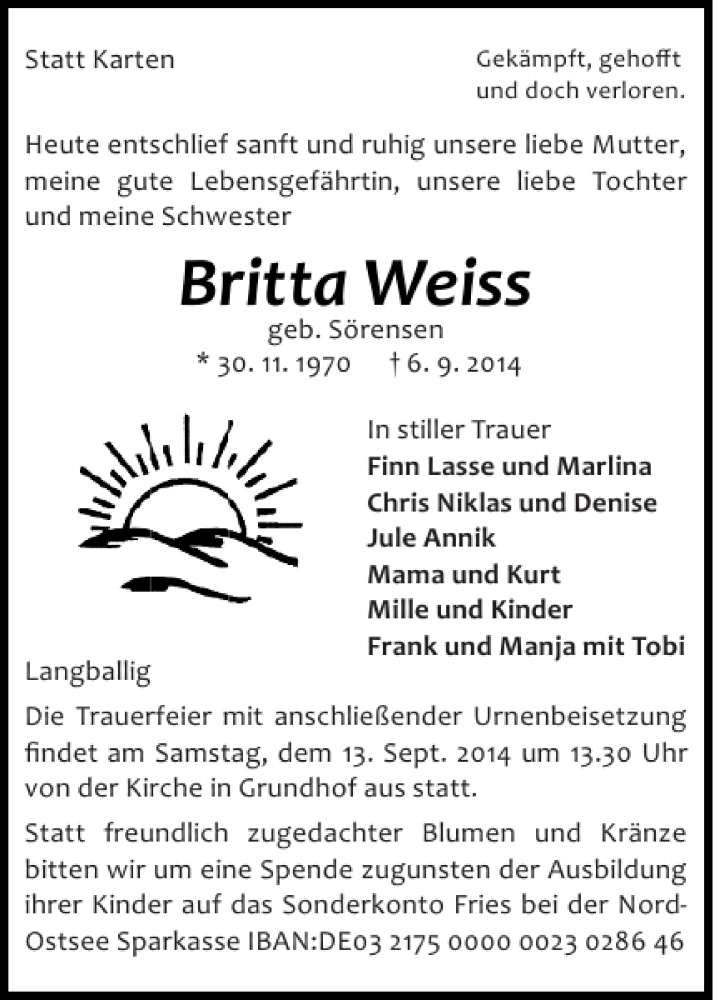  Traueranzeige für Britta Weiss vom 09.09.2014 aus Flensburger Tageblatt