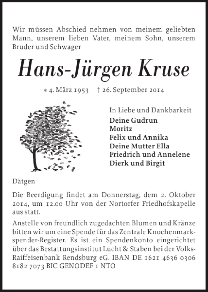  Traueranzeige für Hans-Jürgen Kruse vom 29.09.2014 aus Landeszeitung