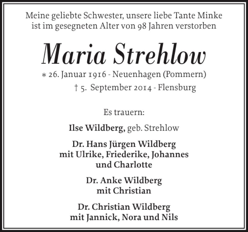  Traueranzeige für Maria Strehlow vom 08.09.2014 aus Flensburger Tageblatt