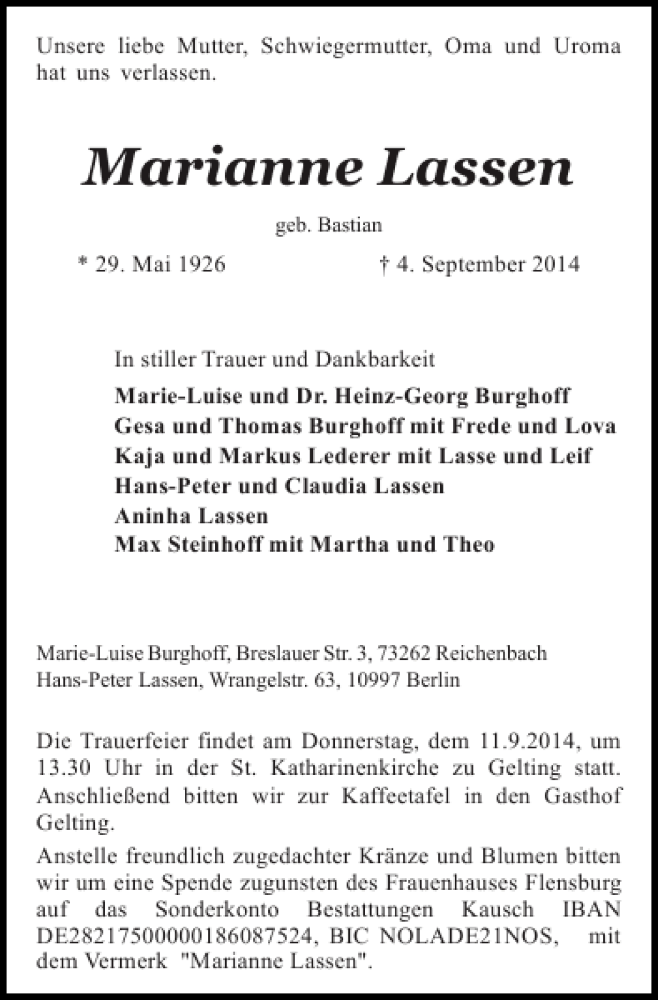  Traueranzeige für Marianne  vom 08.09.2014 aus Flensburger Tageblatt
