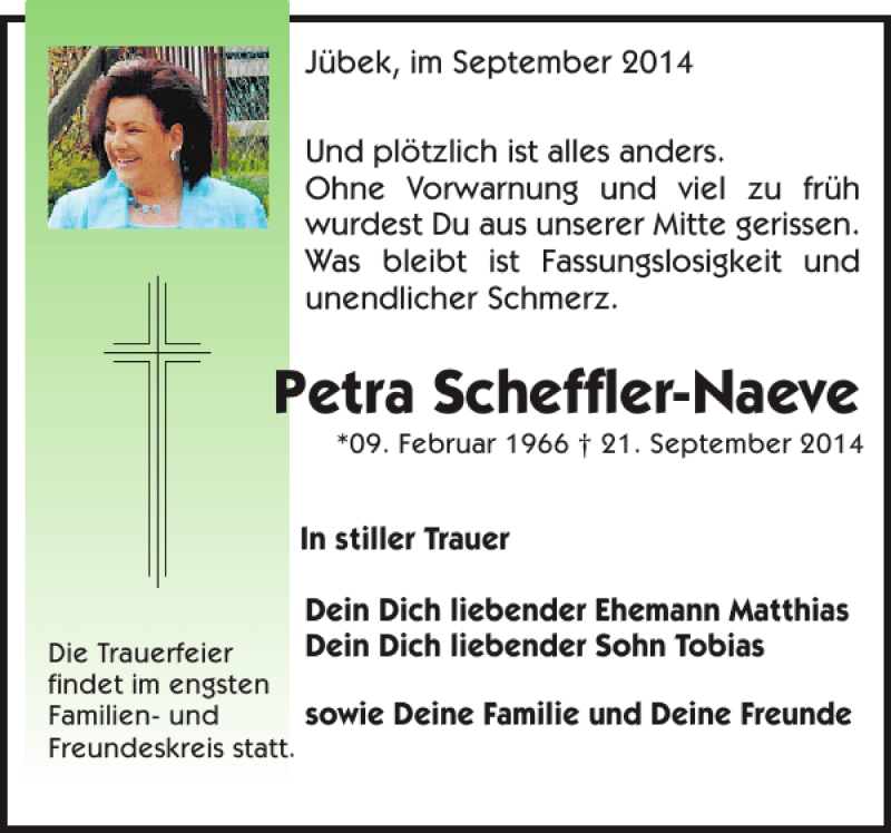  Traueranzeige für Petra Scheffler-Naeve vom 27.09.2014 aus Schleswiger Nachrichten