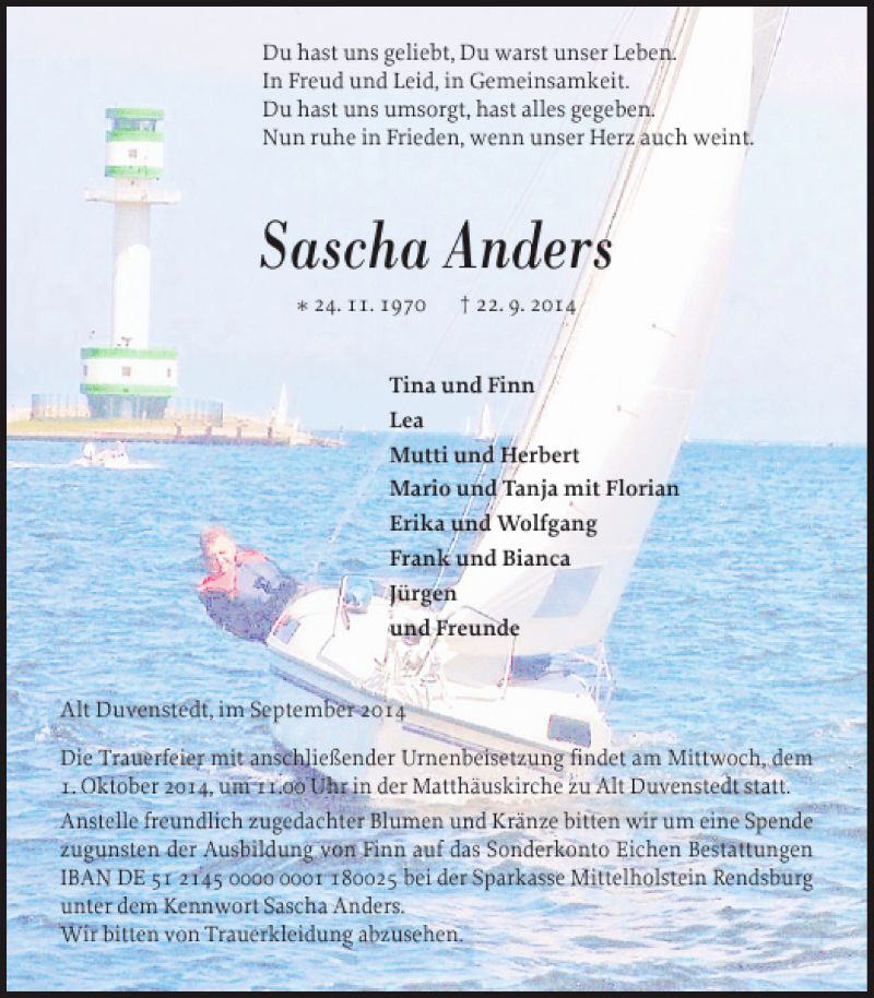  Traueranzeige für Sascha Anders vom 27.09.2014 aus Landeszeitung
