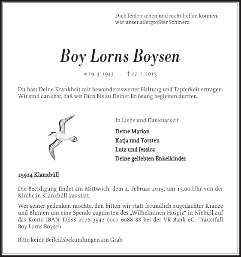  Traueranzeige für Boy Lorns Boysen vom 31.01.2015 aus Husumer Nachrichten