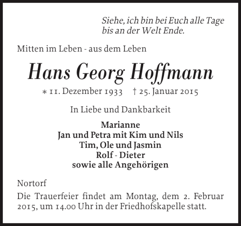  Traueranzeige für Hans Georg Hoffmann vom 28.01.2015 aus Landeszeitung