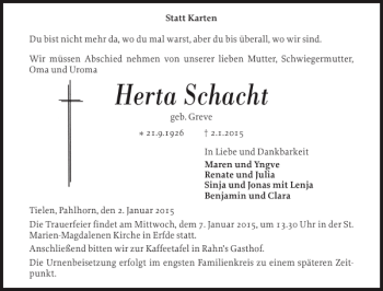 Traueranzeige von Herta Schacht von Landeszeitung