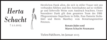 Traueranzeige von Herta Schacht von Landeszeitung