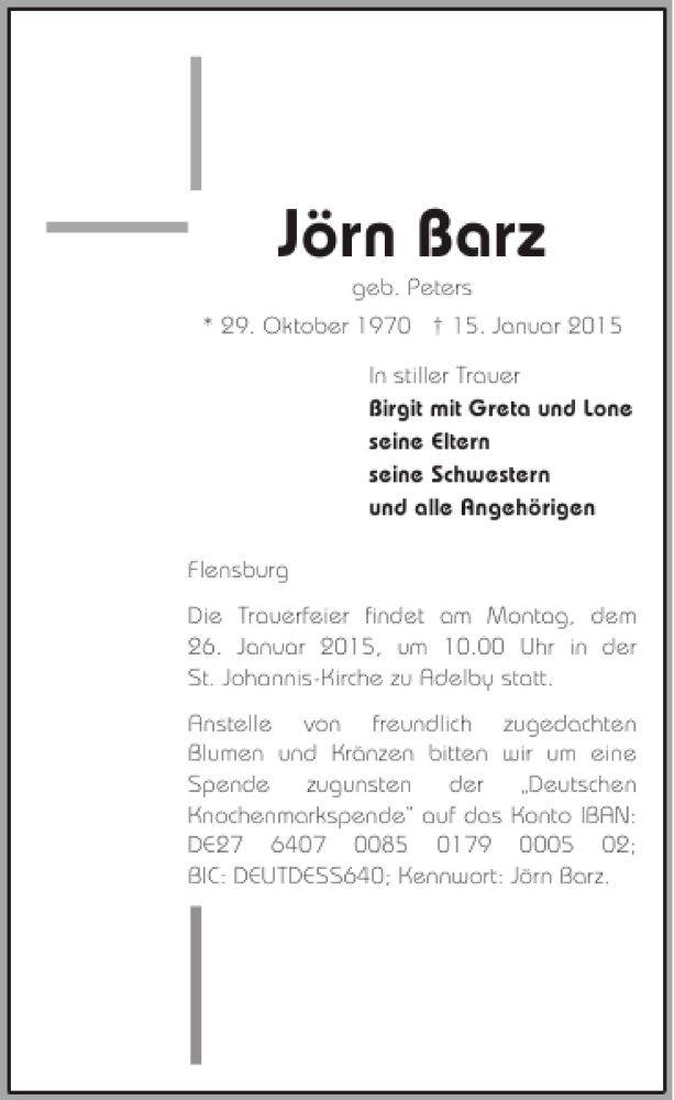  Traueranzeige für Jörn Barz vom 21.01.2015 aus Flensburger Tageblatt