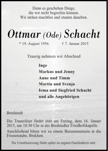 Traueranzeige von Ottmar Schacht von Husumer Nachrichten