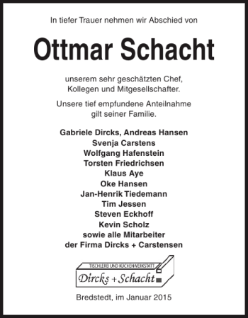Traueranzeige von Ottmar Schacht von Husumer Nachrichten