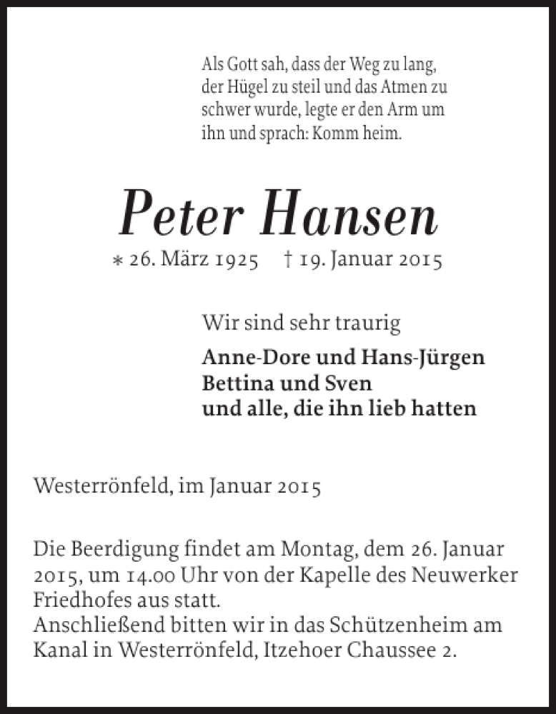  Traueranzeige für Peter Hansen vom 21.01.2015 aus Landeszeitung