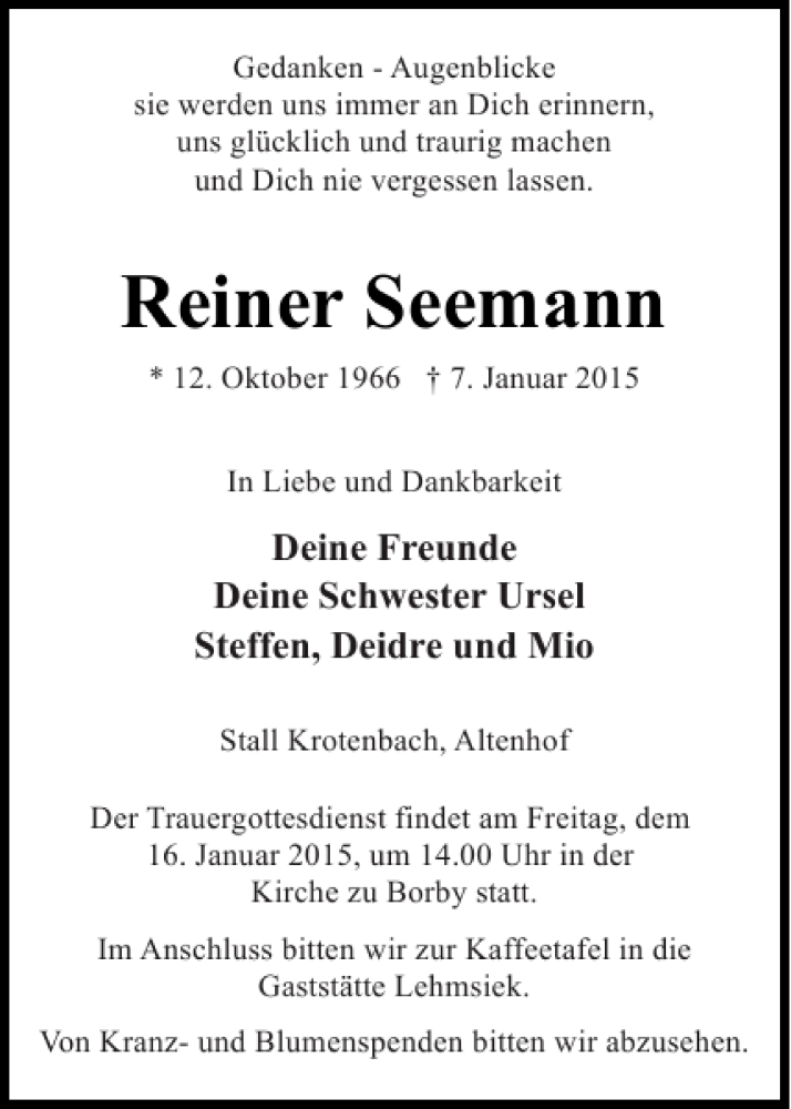  Traueranzeige für Reiner Seemann vom 10.01.2015 aus Eckernförder Zeitung