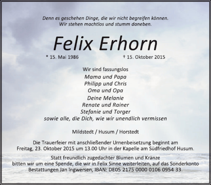  Traueranzeige für Felix Erhorn vom 19.10.2015 aus Husumer Nachrichten