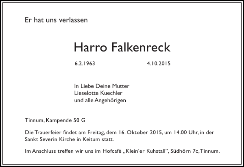  Traueranzeige für Harro Falkenreck vom 13.10.2015 aus Sylter Rundschau