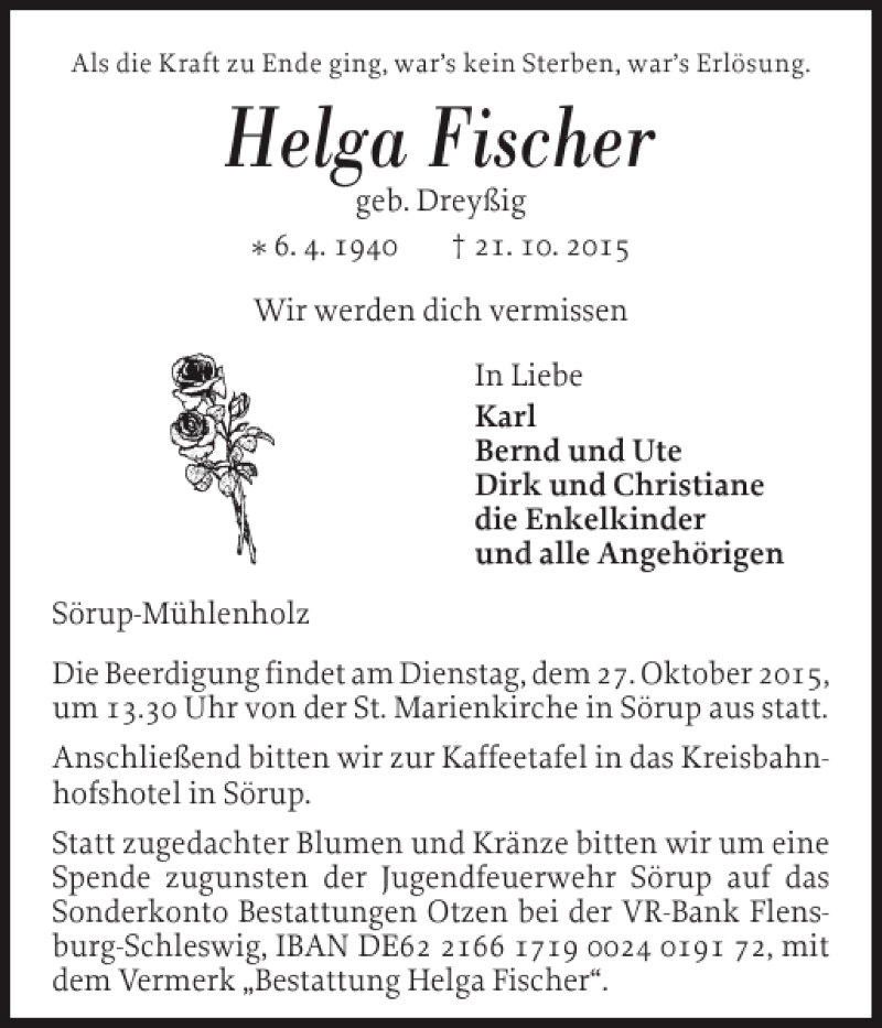  Traueranzeige für Helga Fischer vom 24.10.2015 aus Flensburger Tageblatt