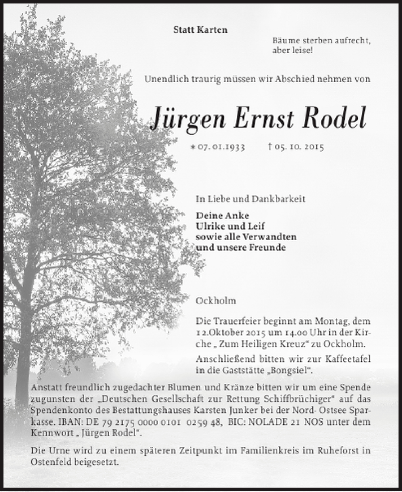  Traueranzeige für Jürgen Ernst Rodel vom 08.10.2015 aus Husumer Nachrichten