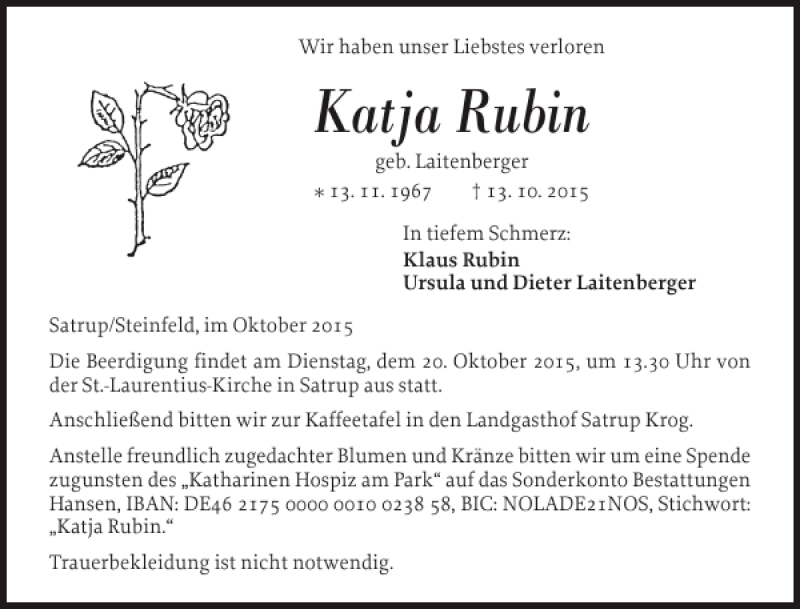  Traueranzeige für Katja Rubin vom 15.10.2015 aus Flensburger Tageblatt