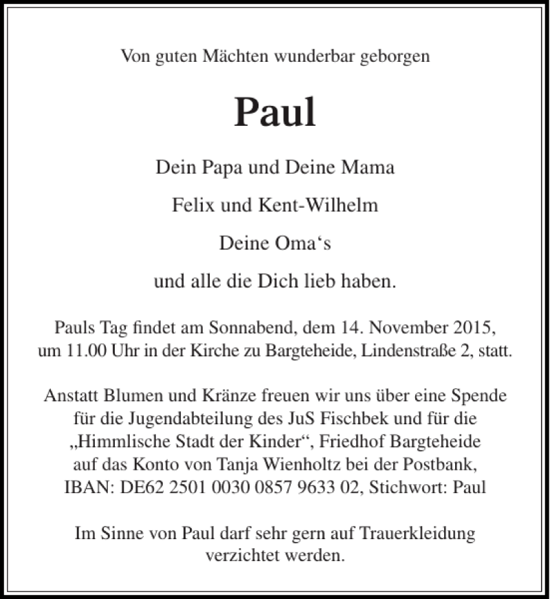  Traueranzeige für Paul  vom 11.11.2015 aus Stormarner Tageblatt