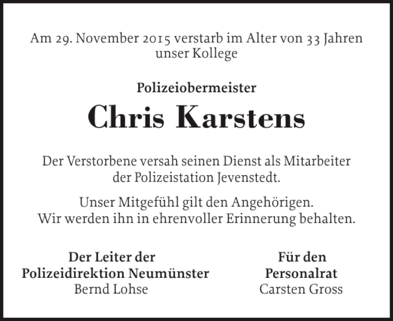  Traueranzeige für Chris Karstens vom 05.12.2015 aus Landeszeitung