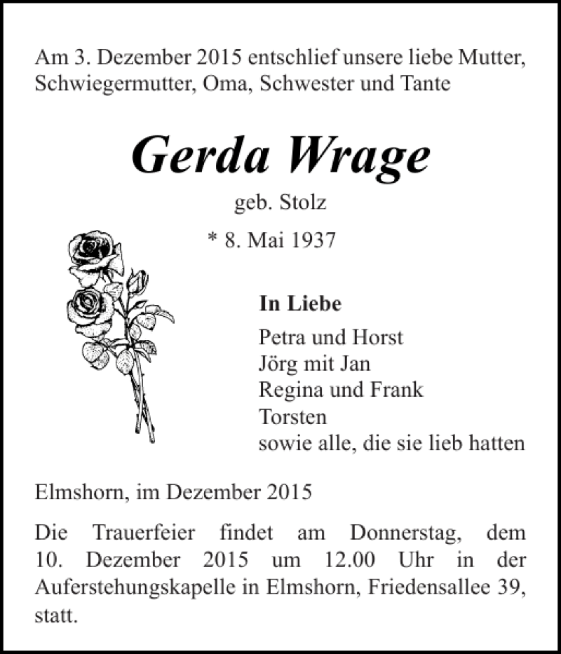  Traueranzeige für Gerda Wrage vom 08.12.2015 aus Elmshorner Nachrichten