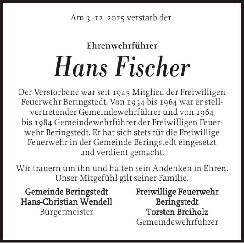  Traueranzeige für Hans Fischer vom 09.12.2015 aus Landeszeitung